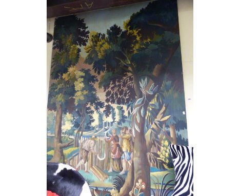 A DECORATIVE PAINTED PANEL IN A FAUX VERDURE FLEMISH 17th/18th.TAPESTRY DESIGN.   244 x 153cms.