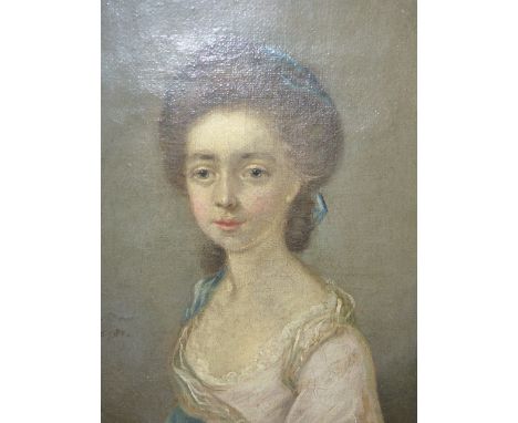 18th.C.ENGLISH SCHOOL.   AN OVAL PORTRAIT OF A LADY, SIGNED INDISTINCTLY AND DATED 1781?  OIL ON CANVAS.   31 x 26cms.