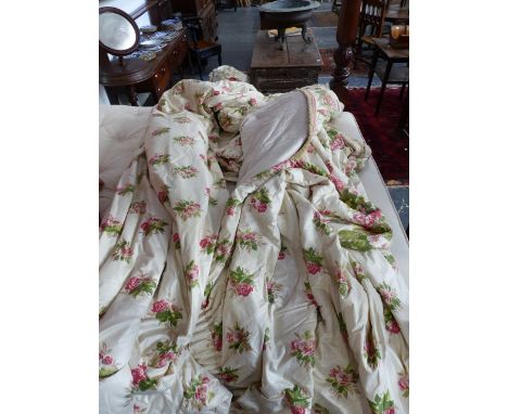 CURTAINS.   A PAIR OF COUNTRY HOUSE LINED AND INTERLINED CURTAINS, PINK ROSE PATTERN.
