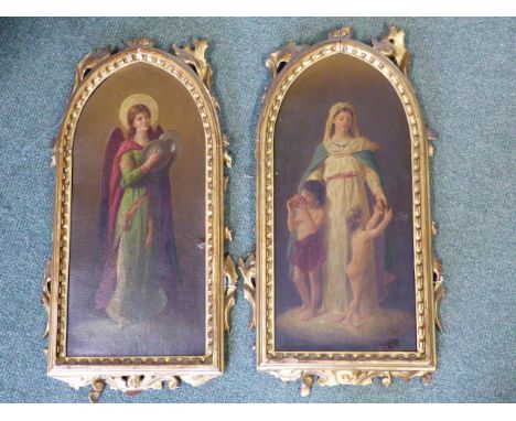 19th.C.ITALIAN SCHOOL.   AN ANGEL AND A SAINT WITH CHILDREN, BOTH SIGNED E.FORTANI?  OIL ON ARCH SHAPED BOARD.  (2)   45 x 22