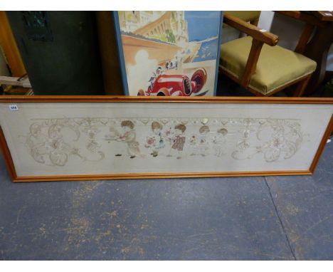 A FRAMED EDWARDIAN LINEN AND SILKWORK PANEL OF FIVE CHILDREN WITHIN A FLORAL SCROLLWORK, FRAMED.    41 x 158cms.