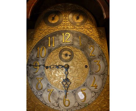 AN EARLY 20th.C.ELLIOTT MAHOGANY LONGCASE CLOCK WITH THREE TRAIN 8-DAY MOVEMENT (GONGS LACKING) 13" ARCH AND ENGRAVED BRASS D