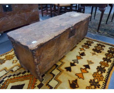 AN 18th.C.ELM PLANK COFFER WITH SIMPLE LINE CARVED FRONT PANEL.   116 x 40 x H.42cms.