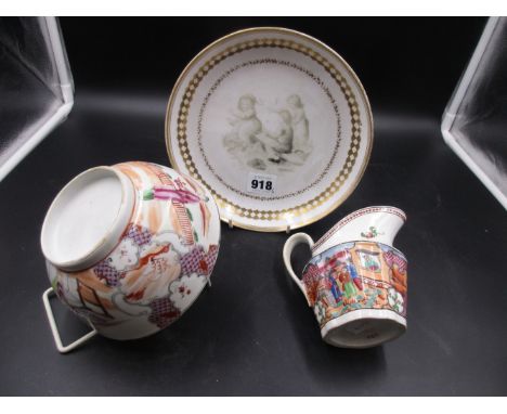 A NEW HALL 425  PATTERN BOY AT THE WINDOW JUG, AN 1147 PATTERN ADAM BUCK PRINT PLATE AND A CHINESE BOWL.  (3)