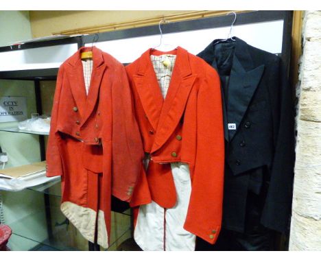 TWO VINTAGE HUNTING PINKS TAIL COATS, A BLACK TAIL COAT AND TROUSER, TWO VINTAGE RIDING HATS AND A SHEEPSKIN COAT.   (QTY)