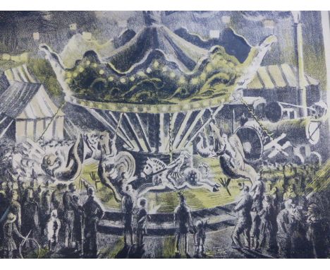 M.C.GINNETT.  EARLY 20th.C.ENGLISH SCHOOL.   THE FAIRGROUND, A PENCIL SIGNED COLOUR LITHOGRAPH.   24 x 29.5cms TOGETHER WITH 