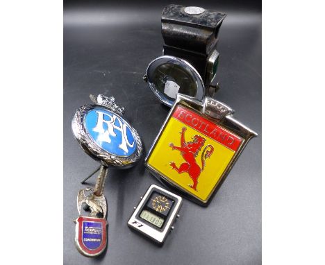 A VINTAGE CARBIDE CYCLE LAMP, A TICKFORD COACHWORKS FOB, AN RAC ENAMEL CAR BADGE, A TISSOT DIGITAL/ANALOGUE WATCH,ETC.