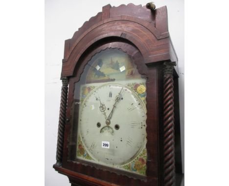 AN EARLY 19th.C.MAHOGANY LONGCASE CLOCK WITH 8-DAY MOVEMENT, 13" PAINTED ARCH DIAL WITH DATE APERTURE.   H.209cms.