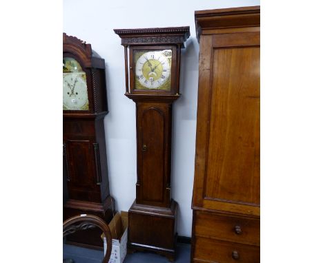 AN 18th.C.OAK CASED 30 HOUR LONGCASE CLOCK WITH 12" BRASS DIAL AND SILVERED CHAPTER RING AND DATE APERTURE. H.206cms.