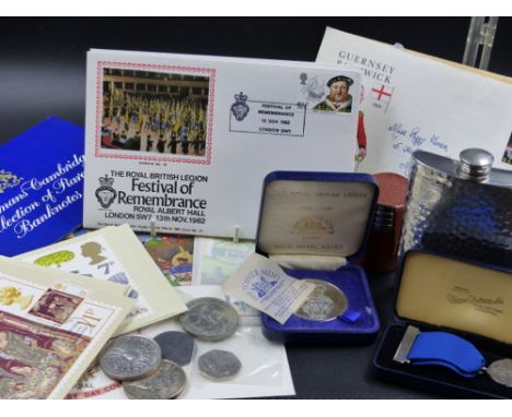 A COLLECTION OF COINS, BANKNOTES, POSTCARDS, FIRST DAY COVERS ETC TO INCLUDE A  SILVER NURSING MEDAL. 