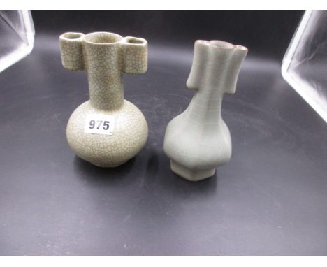TWO CHINESE GUAN TYPE ARROW VASES, ONE WITH BLACK CRACKLED GREEN GLAZE.  H.14.5cms   THE OTHER WITH WHITE CRACKLED CELADON GL
