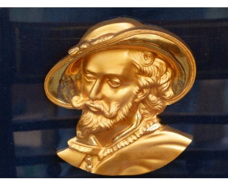 A PAIR OF 19th.C.FRENCH ORMOLU PORTRAIT BUST PLAQUES DEPICTING PETER PAUL RUBENS AND CHARLES I. EACH BACKED IN ROYAL BLUE VEL