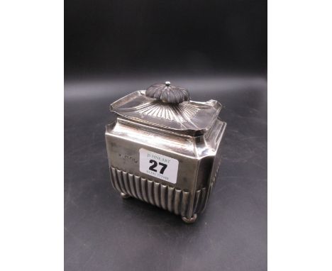 A VICTORIAN HALLMARKED SILVER TEA CADDY WITH HINGED COVER. DATED 1892, LONDON FOR WILLIAM HUTTON AND SONS.  12cms x 8cms, WEI