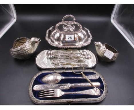 A PAIR OF SILVER PLATED QUAIL FORM DISHES TOGETHER WITH A ENTREE DISH WITH COVER, A PAIR OF LORGNETTE GLASSES, A VICTORIAN SI