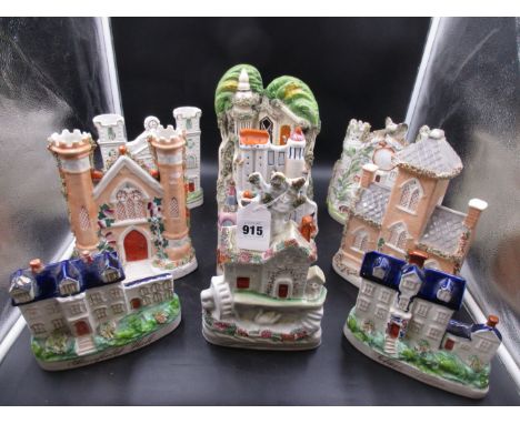 A COLLECTION OF NINE ANTIQUE POTTERY SPILL VASES AND PASTILLE BURNERS OF ARCHITECTURAL FORM.   H. OF LARGEST  28cms.