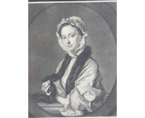 AFTER THOMAS HUDSON.  (1701-1779)   PORTRAIT OF A YOUNG LADY, AN 18th.C.MEZZOTINT, ENGRAVED BY JOHN FABER.   34 x 24cms.