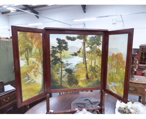 A VICTORIAN AND LATER MAHOGANY FOLD OUT FIRESCREEN WITH ELABORATE FLORAL AND LANDSCAPE PAINTED INSET PANELS, EACH SIGNED INDI