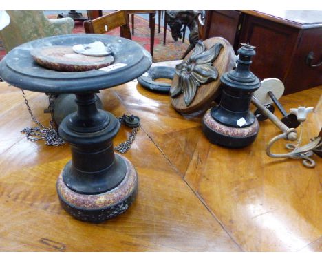 A PAIR OF VICTORIAN BLACK SLATE AND MARBLE GARNITURE STANDS TOEGETHER WITH VARIOUS FLOWER DECORATED ARCHITECTURAL FITTINGS.
