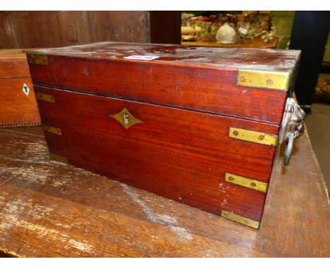 AN EARLY 19th.C.BRASS BOUND CAMPAIGN STYLE MAHOGANY TEA CADDY WITH FITTED INTERIOR AND LION MASK  HANDLES TOGETHER WITH A GEO