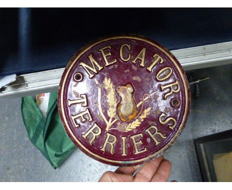 A VINTAGE CIRCULAR BRONZE NAME PLATE,  MECATOR TERRIERS, CENTERED WITH A RELIEF OF A FIELD MOUSE.   Dia.20cms.