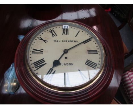 A 19th.C.MAHOGANY DIAL WALL CLOCK WITH FUSEE MOVEMENT SIGNED W&J CHAMBERS AND 14" DIAL.   OVERALL Dia. 19".