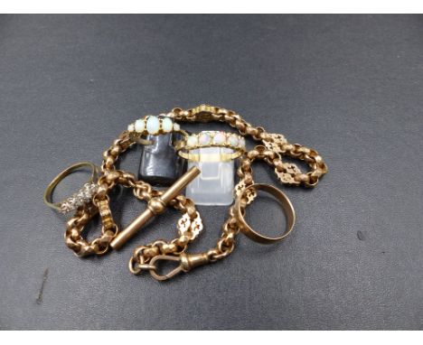 A POCKET WATCH CHAIN TOGETHER WITH 4 DRESS RINGS. A VICTORIAN 9ct ROSE GOLD FACETED AND FANCY LINK POCKET WATCH CHAIN COMPLET