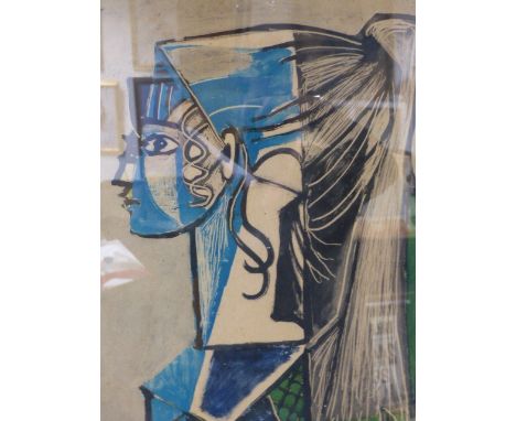 AFTER PABLO PICASSO.  (1881-1973)   PORTRAIT OF SYLVETTE, COLOUR PRINT.   54 x 43cms.