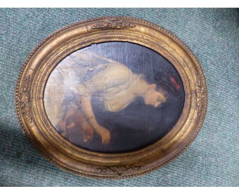 19th.C.SCHOOL.  AN OVAL PORTRAIT OF LADY PAINTING, OIL ON CANVAS LAID DOWN.   27 x 22cms.