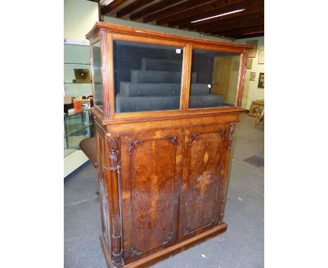 A VICTORIAN OAK AND POLLARD OAK COLLECTOR'S CABINET WITH A PAIR OF PANEL DOORS FLANKED BY TURNED AND CARVED COLUMNS ENCLOSING