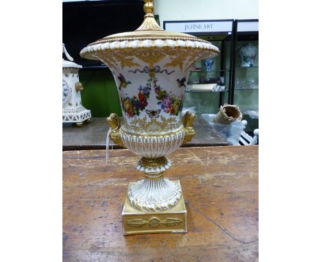 A FRENCH OLD PARIS FLORAL AND GILT DECORATED TWIN HANDLED CAMPAGNA URN NOW MOUNTED AS A LAMP.   URN H.43cms.