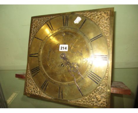 A 19th.C.SINGLE FUSEE CLOCK MOVEMENT LATER MATCHED TO AN 18th.C.BRASS CLOCK DIAL SIGNED THS.PINFOLD, BANBURY.