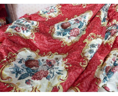 CURTAINS.   TWO PAIRS OF COUNTRY HOUSE CURTAINS LINED AND INTERLINED, ONE PAIR OF CARNATION PATTERN AND ANOTHER OF ROSES, WIT