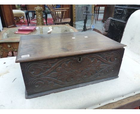 AN 18th.C.AND LATER OAK BIBLE BOX WITH CARVED FRONT PANEL.   58 X 38 x H.22cms.