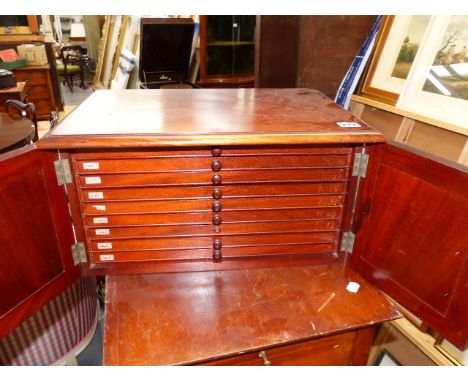 A VICTORIAN MAHOGANY COIN COLLECTOR'S CABINET WITH PANEL DOORS ENCLOSING NINE COIN SLIDES.   49 x 34 x H.26cms