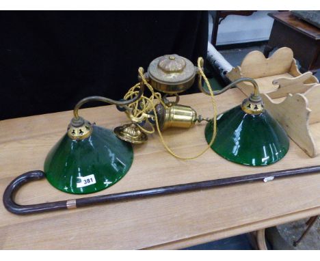 A VINTAGE BRASS HANGING LIGHT WITH TWO GREEN GLASS SHADES, A COROMANDEL WALKING STICK WITH GOLD COLLAR AND A SMALL OAK WALL S