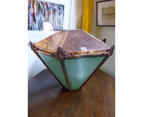 A WROUGHT IRON FRAME HANGING HALL LANTERN.   Dia.30 x H.37cms.   TOGETHER WITH A HEXAGONAL COPPER LANTERN FORM LIGHT.    (2)