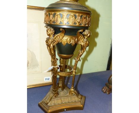 A GILT AND PATINATED BRONZE TABLE LAMP IN THE NEOCLASSICAL TASTE WITH WINGED CARYATID SUPPORTS.   OVERALL H.60cms.