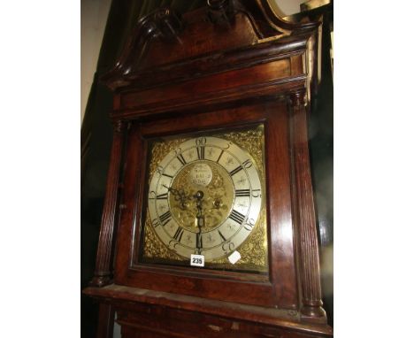 A GEO.III.OAK AND CROSS BANDED LONGCASE CLOCK WITH 30 hour MOVEMENT , 12" BRASS DIAL WITH SILVERED CHAPTER RING AND NAME DISH