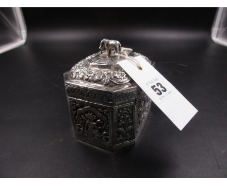 A WHITE METAL, TESTED AS SILVER, EASTERN SPICE CADDY.   H 8.5cms x W.9cms, WEIGHT 190grms. 