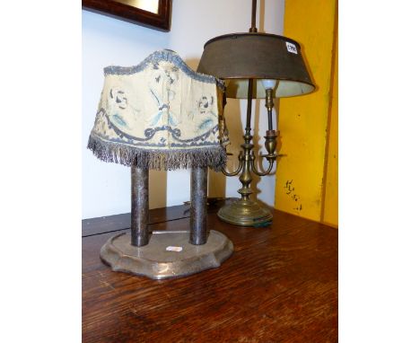 AN EARLY 20th.C.SILVER PLATED STUDENT LAMP WITH TWIN LIGHT FITTING AND HINGED SHADE TOGETHER WITH A BRASS EXAMPLE WITH HEIGHT