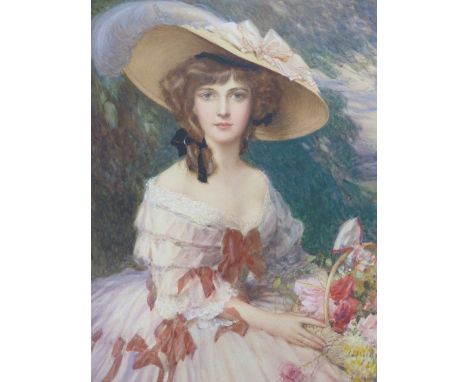 EARLY 20th.C.ENGLISH SCHOOL.   A PORTRAIT OF AN ELEGANT YOUNG LADY HOLDING A BASKET OF FLOWERS, UNMOUNTED AND UNFRAMED WATERC