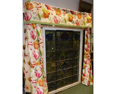 CURTAINS.   TWO PAIRS OF COUNTRY HOUSE LINED AND INTERLINED CURTAINS, ONE OF PANSY PATTERN, THE OTHER OF TULIPS.