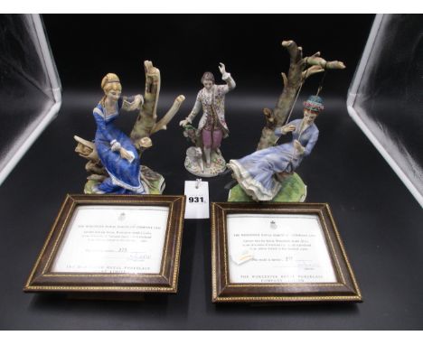 A ROYAL WORCESTER RONALD VON RUYCKELDT FIGURE OF ALICE EATING AN APPLE WHILE ON A SWING WITH CERTIFICATE 275/500 H.22cms AND 