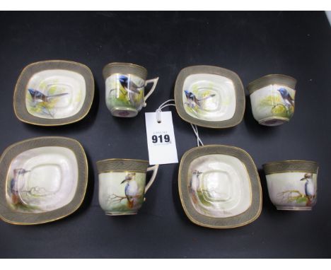 A SET OF FOUR ROYAL WORCESTER COFFEE CUPS AND SAUCERS, DATE CODE FOR 1911/12 EACH PAINTED BY ROBERT AUSTIN WITH EXOTIC BIRDS,