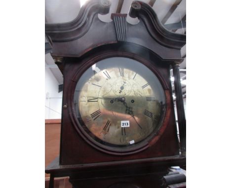 AN EARLY 19th.C.OAK AND CROSS BANDED LONG CASE CLOCK WITH 8 DAY MOVEMENT, 14" CIRCULAR ENGRAVED BRASS DIAL, SIGNED SAM'L HILL