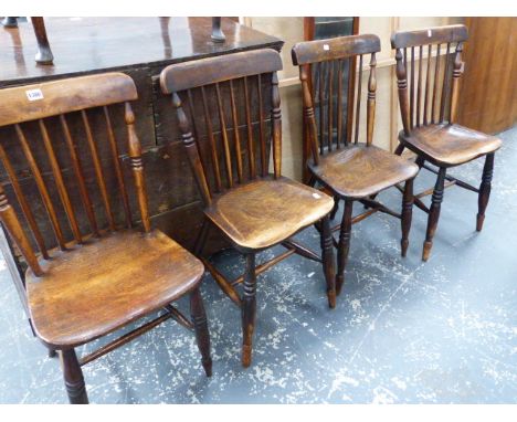 A SET OF SIX 19th.C.BEECH AND ELM STICK BACK KITCHEN CHAIRS ON TURNED LEGS.  (6)