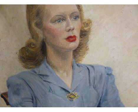 20th.C.ENGLISH SCHOOL. A PORTRAIT OF A LADY WEARING A BLUE DRESS, INITIALLED AND DATED 1947. 102 x 77cms.