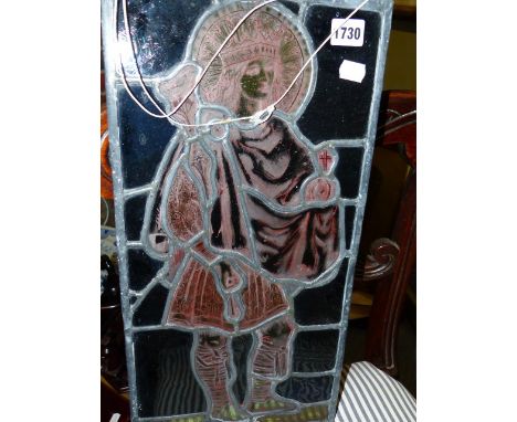 A 19th.C.LEAD GLAZED STAINED GLASS PANEL DEPICTING A SAINT WITH ORB AND SCEPTRE.