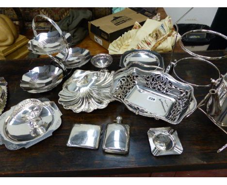 A  HALLMARKED SILVER POCKET FLASK, A CIGARETTE CASE AND ASHTRAY TOGETHER WITH AN OAK CASED CANTEEN OF SILVER PLATED CUTLERY, 