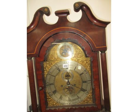 A GEORGIAN MAHOGANY LONGCASE CLOCK WITH 8-DAY MOVEMENT, 12" ARCH DIAL, SILVERED CHAPTER RING, SUBSIDIARY SECONDS AND DATE DIA